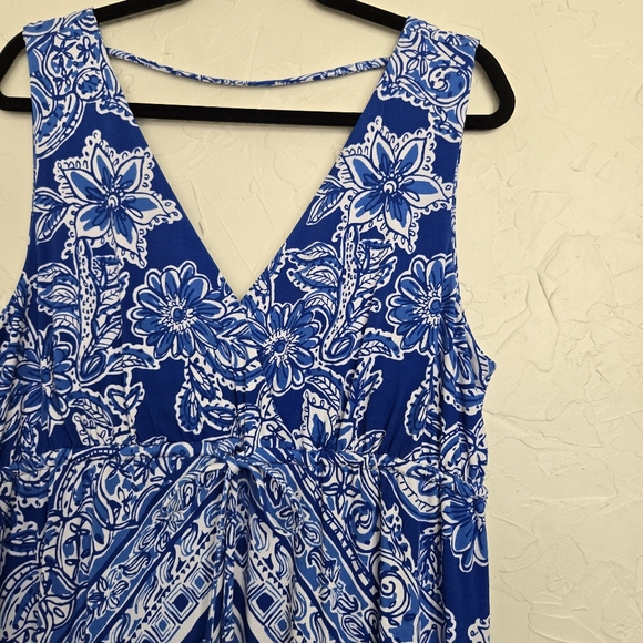 Lilly Pulitzer Blue White Drawstring Waist Miraflora Maxi Dress, XL - Picture 8 of 13